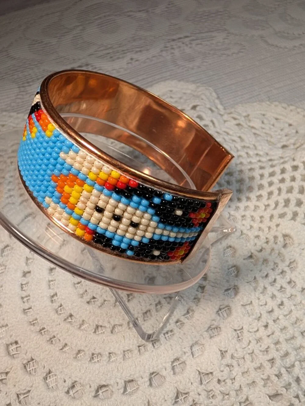 Native Southwest Style Beaded Eagle Pure Copper Bracelet Cuff - Picture 2 of 4
